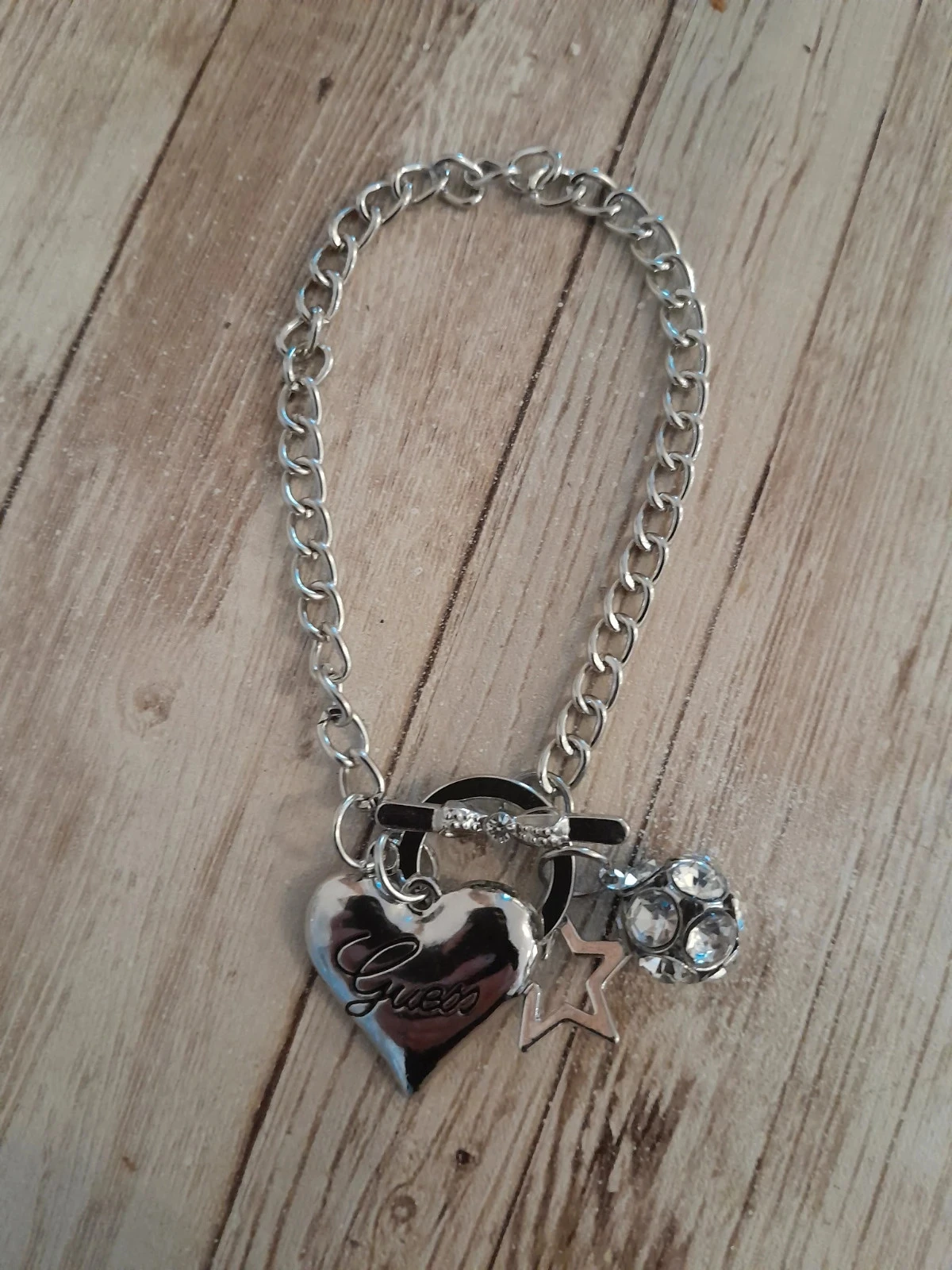 Bracelet coeur et breloques, argenté, strass